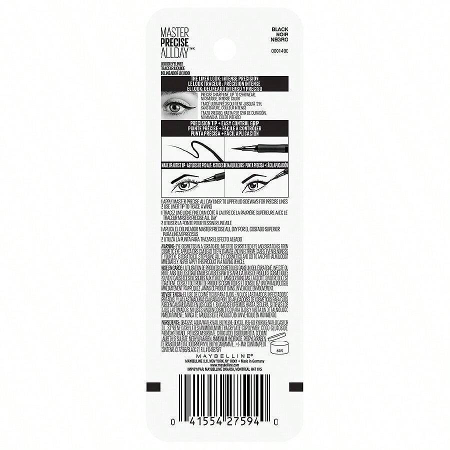 MAYBELLINE New York Master Precise Mini All Day Liquid Eyeliner Makeup, Travel Size, Satin Black