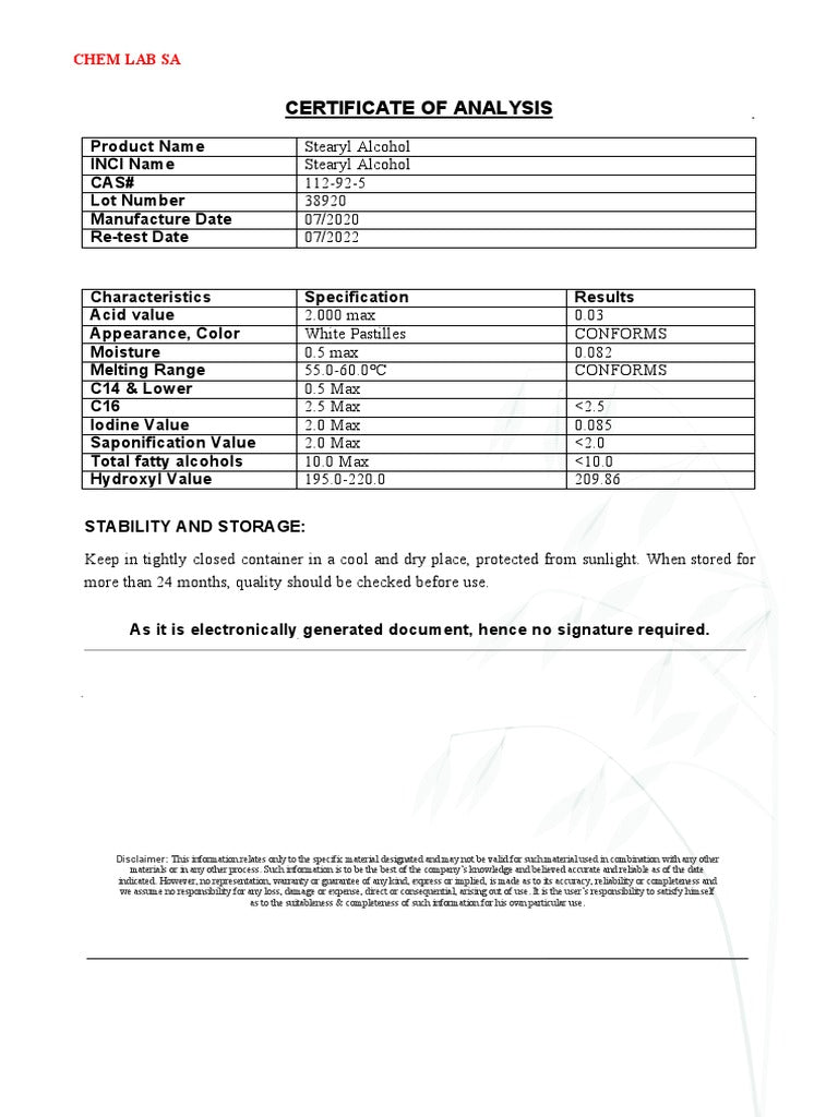 STEARYL ALCOHOL NF 5000 GM DS