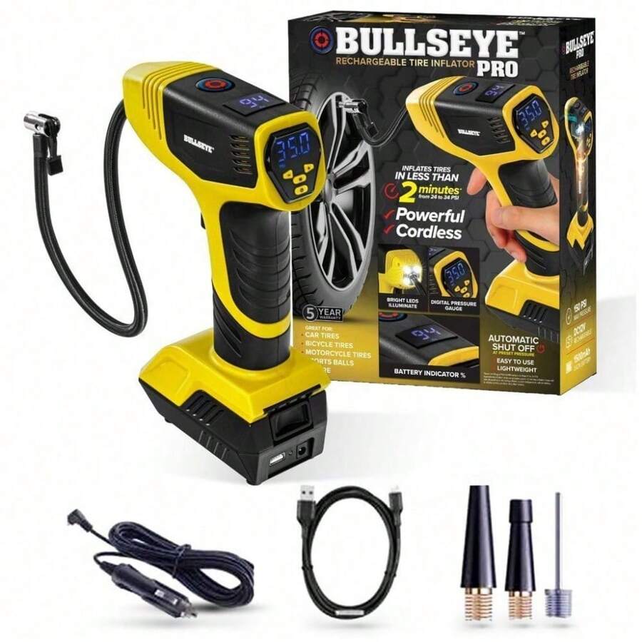 Bell + Howell Bullseye Pro Portable Rechargeable Tire Inflator with Digital Pressure Gauge