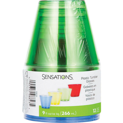 SENSATIONS 9 oz Plastic Tumbler Glasses - Assorted Colors, 12 count