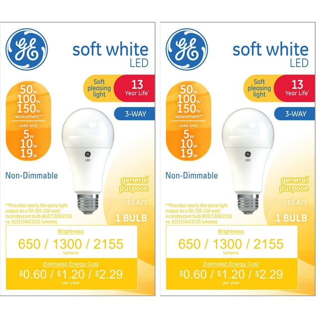 GE 50/100/150W A21 3-Way LED Soft White Light Bulb (2-Pack)
