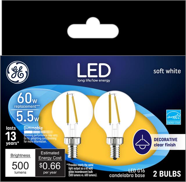 GE Lighting Basic LED 60 Watt Replacement, Soft White, G25 Vanity - Globe Bulbs, 2 Pack