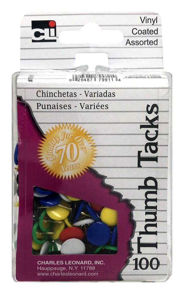 CLi Vinyl Coated Thumb Tacks in Reusable Box - Assorted, 100 count