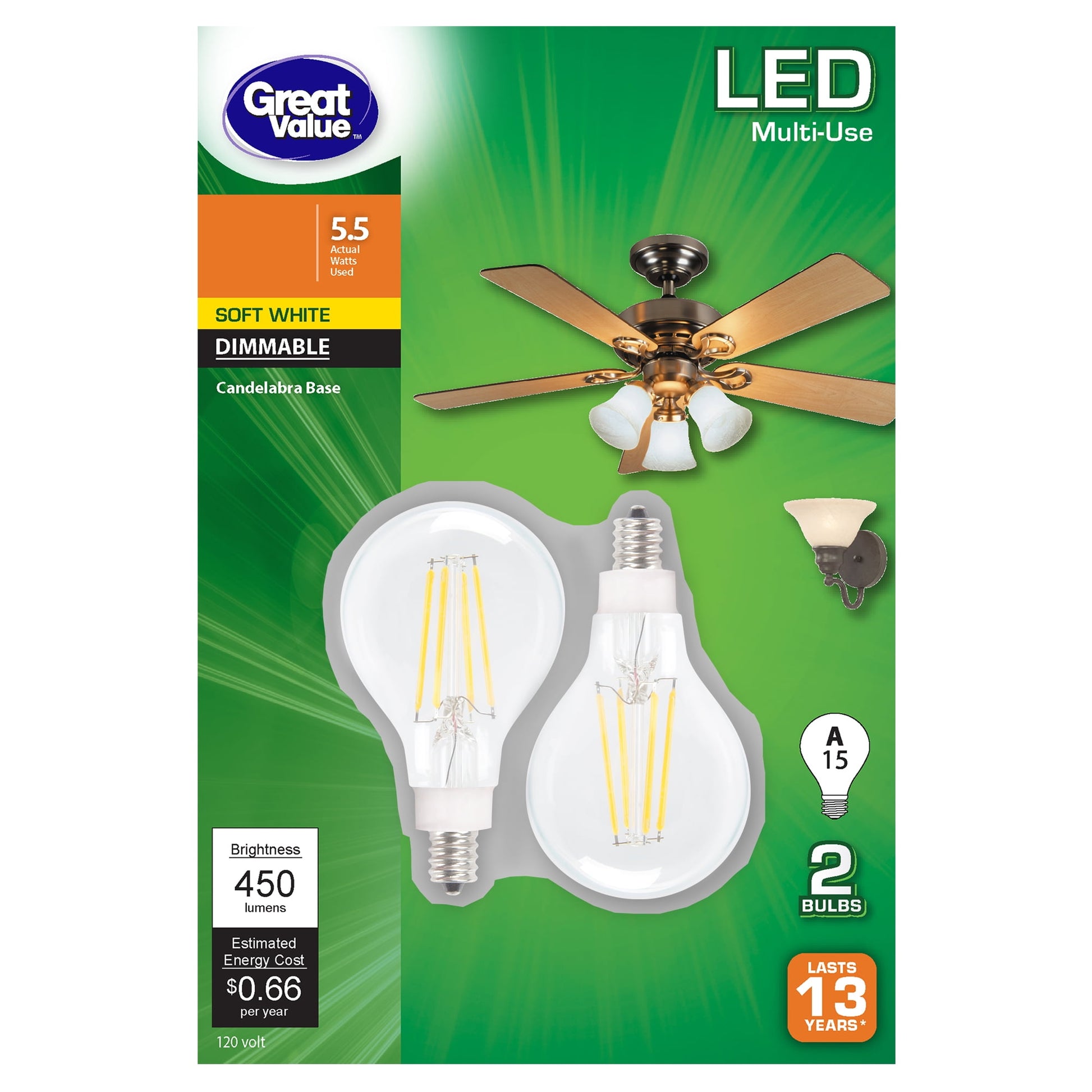 GE 3.5W LED Soft White Dimmable A15 Ceiling Fan Clear Finish Light Bulbs (2-Pack)