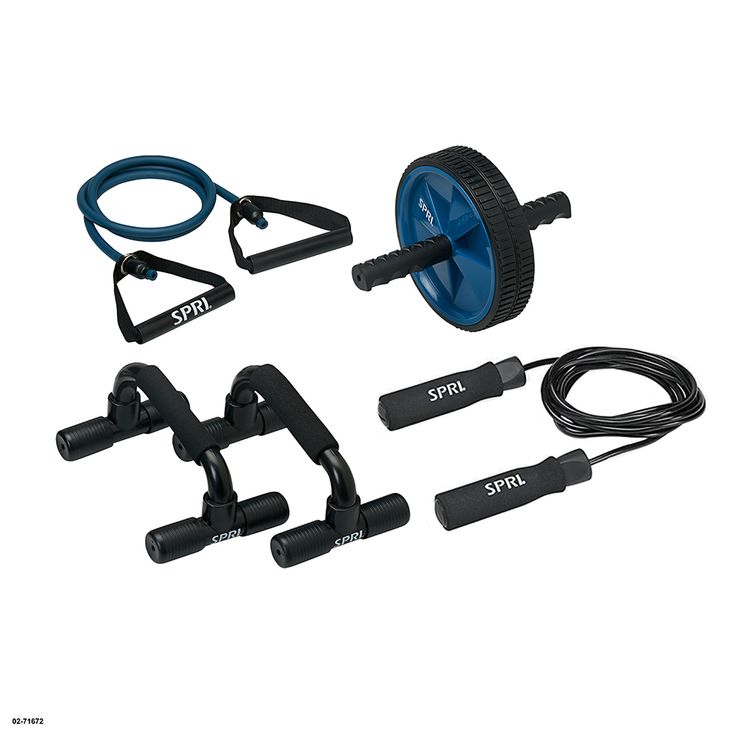 SPRI Home Gym Essentials Kit Includes Jump Rope Push-up Bars Ab Wheel and Medium Resistance Tube