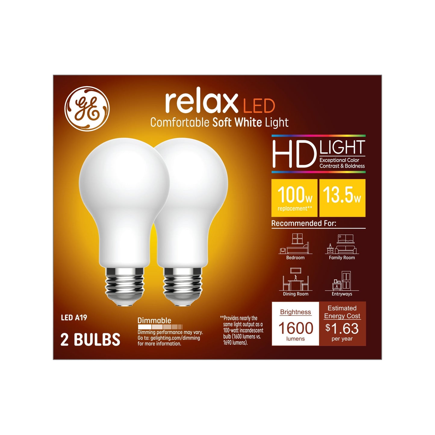 GE Lighting 100W Relax A19 LED HD Light Bulbs Soft White: 100W Equivalent, 2700K, Dimmable, Energy Star Certified, E26 Base, 2 pack