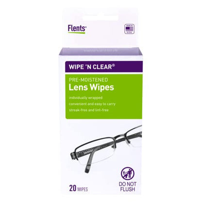 Flents Wipe 'N Clear Biodegradable Premoinstened Lens Wipes, 20 Count