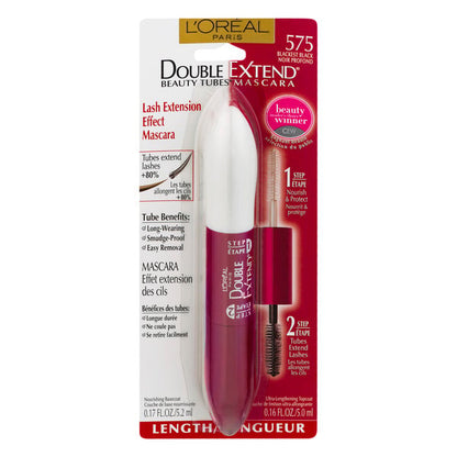 L'ORÉAL PARIS Double Extend Beauty Tubes Lengthening Mascara and Basecoat, 575 Blackest Black, 0.33 fl oz