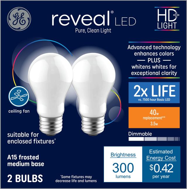 GE Lighting Reveal HD+ LED 40 Watt Replacement, Reveal, A15 Ceiling Fan Bulbs, 2 Pack