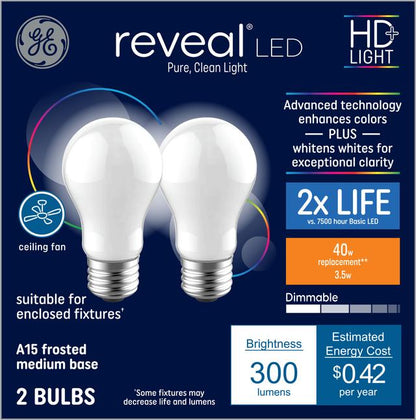 GE Lighting Reveal HD+ LED 40 Watt Replacement, Reveal, A15 Ceiling Fan Bulbs, 2 Pack