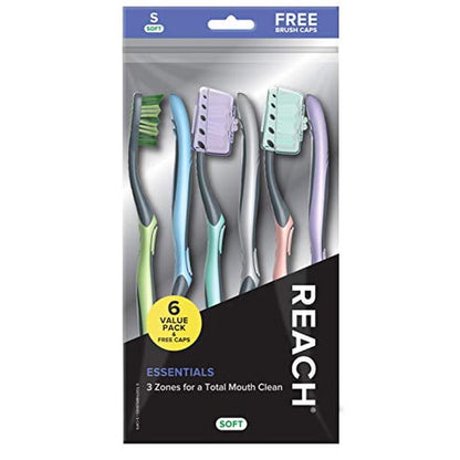 Reach Toothbrush Essentials Soft 6 Count With Free Caps