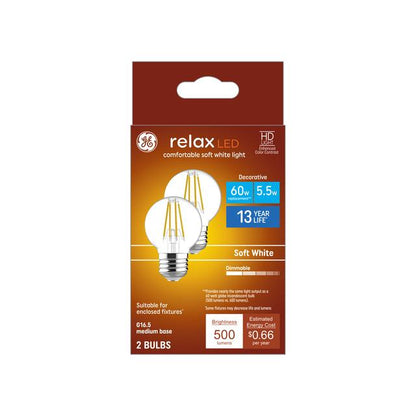 GE Lighting Relax HD G16.5 LED Light Bulbs, Vanity Globe Lights, 40 Watt Replacement, Soft White, 2 pack