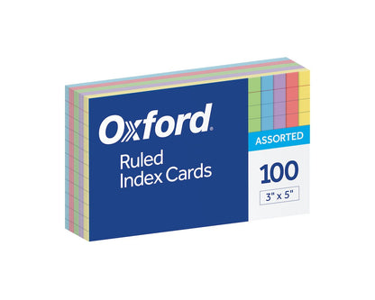Oxford® Ruled Color Index Cards, 3" x 5", Assorted Colors, 100 Per Pack