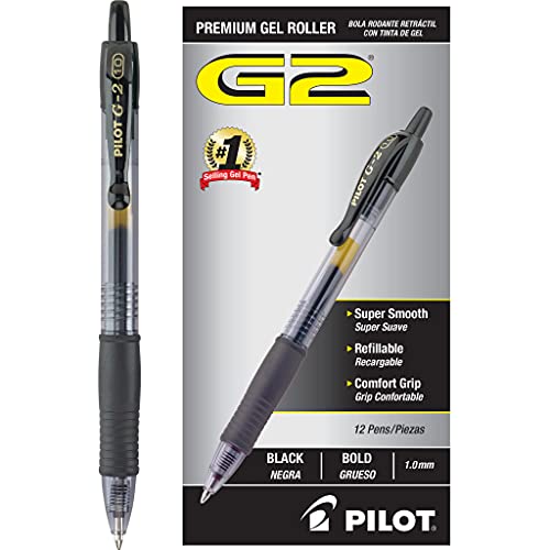 Pilot G2 Premium Refillable & Retractable Gel Pens, Bold Point (1.0mm), Black, 2 Count