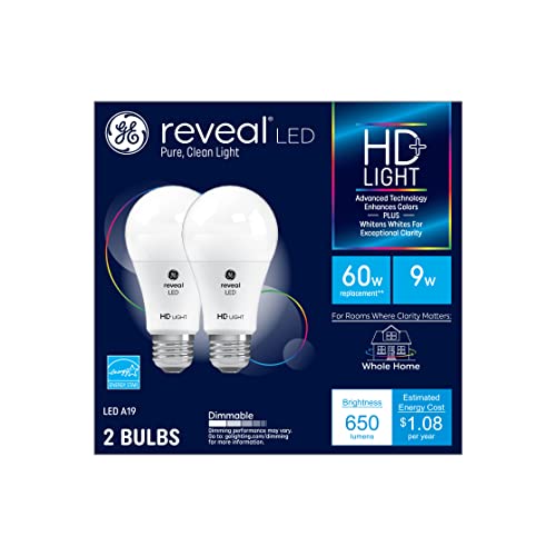 GE Lighting Reveal LED Light Bulbs, 9 Watt, 60 Watt Equivalent, HD+ Light, Standard Bulb Shape, Medium Base, Dimmable, 2 Pack