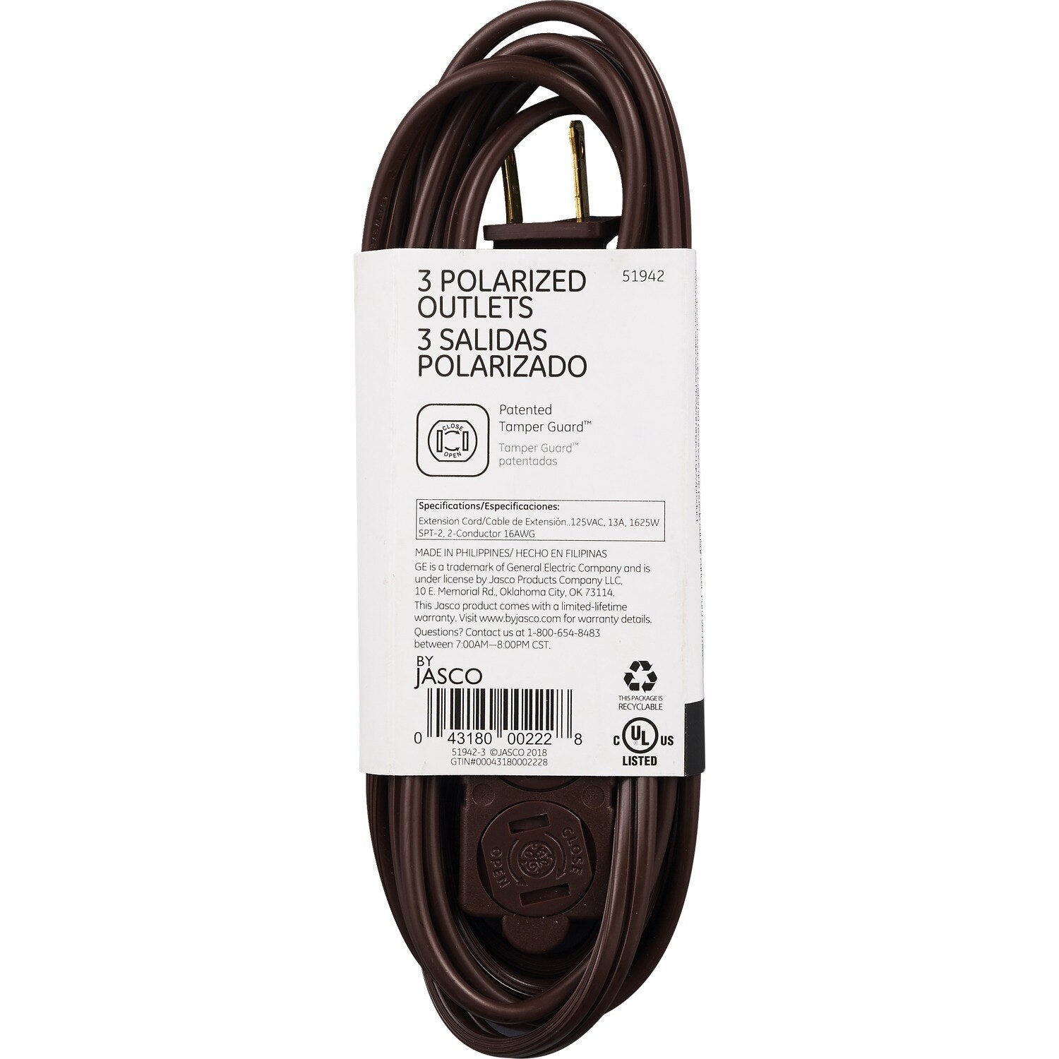 GE EXTEN CORD 3-TAP 9' BRWN