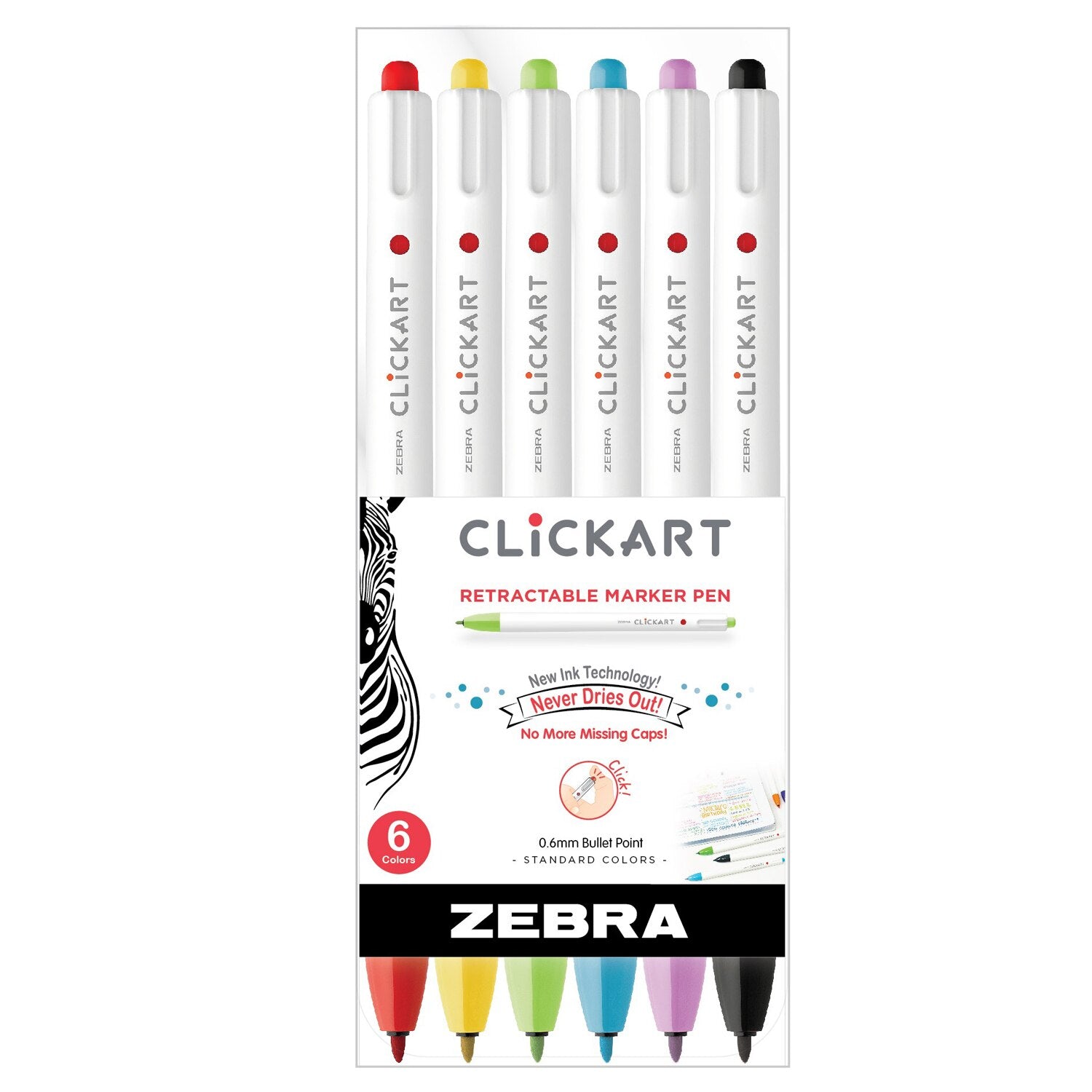 Zebra ClickArt Fine Point Retractable Marker Pen - Assorted Colors, 6 count