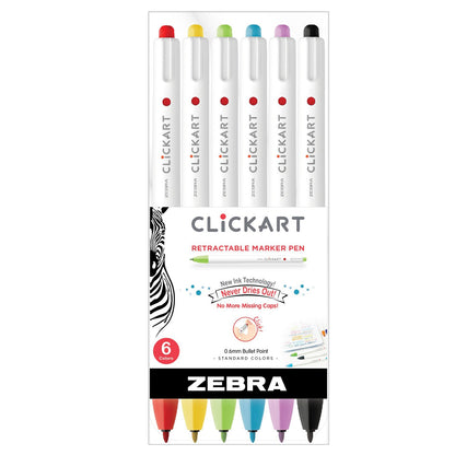 Zebra ClickArt Fine Point Retractable Marker Pen - Assorted Colors, 6 count