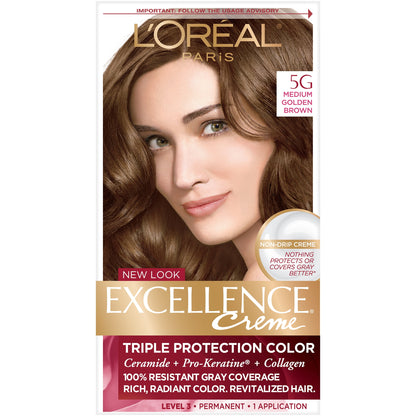 L'ORÉAL PARIS Excellence Triple Protection Permanent Hair Color, 5G Medium Golden Brown, 6.3 fl. oz.
