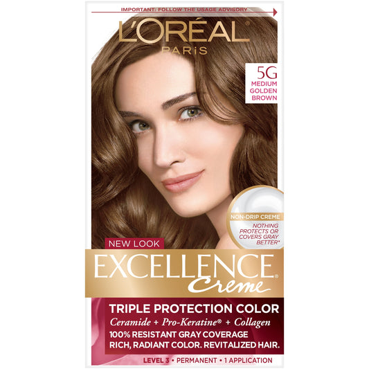 L'ORÉAL PARIS Excellence Triple Protection Permanent Hair Color, 5G Medium Golden Brown, 6.3 fl. oz.