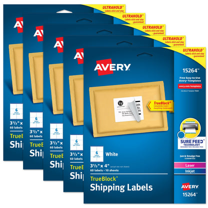 Avery TrueBlock Permanent Inkjet Shipping Labels, 5.5" x 8.5" - White, 50 count