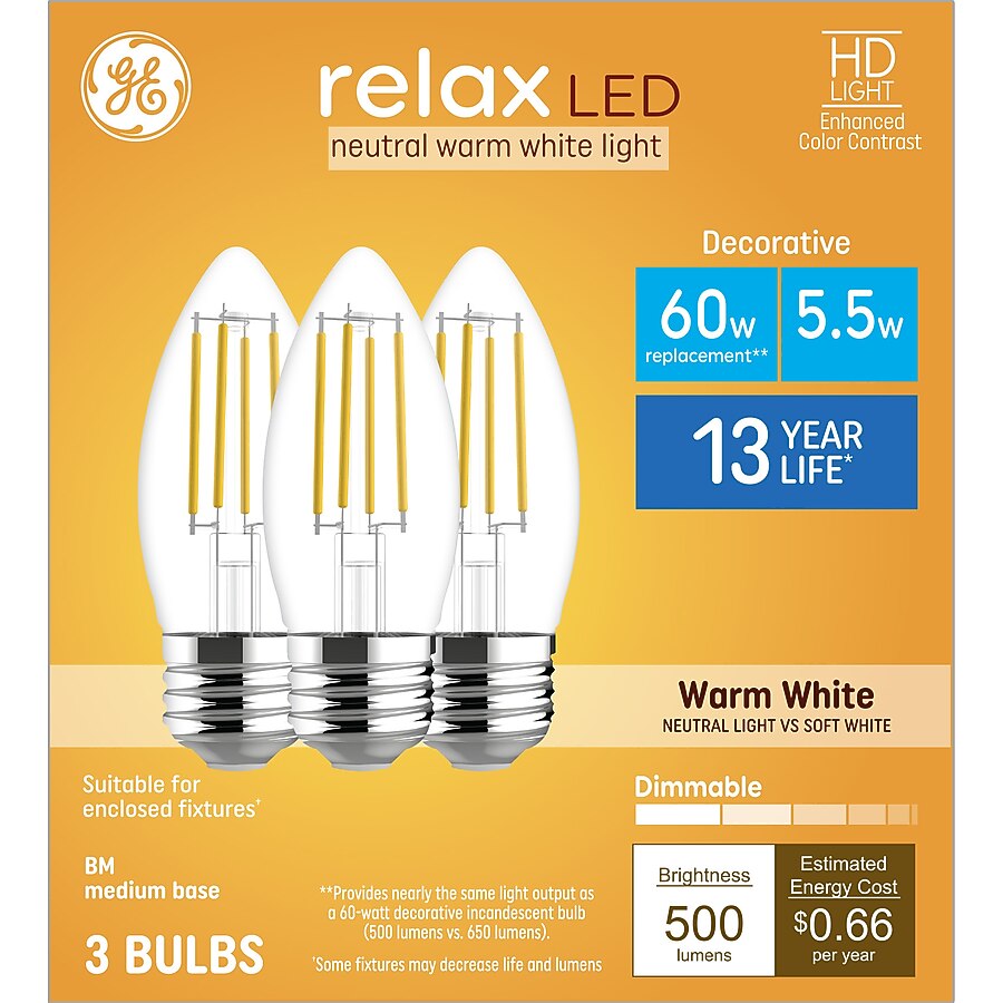 GE Lighting Vintage 60 Watt, Warm candlelight, Medium base (E-26), Dimmable LED Decorative Amber Light Bulb, 2 Pack