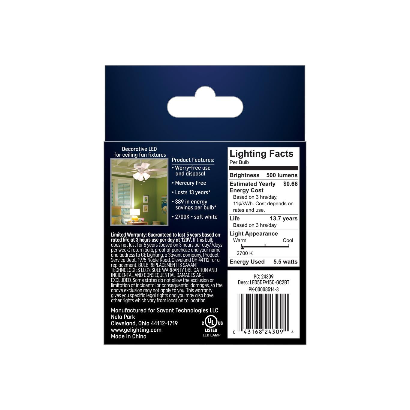 GE Lighting Classic LED 60 Watt Replacement, Soft White, A15 Ceiling Fan Bulbs, 2 Pack