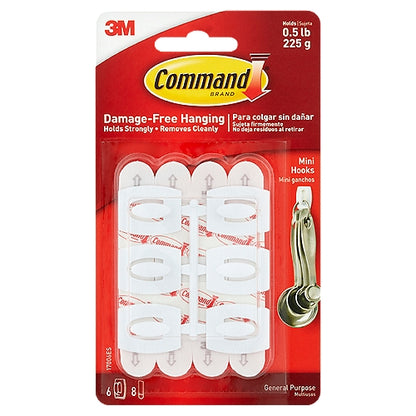 Command Mini Wall Hooks - White, 6 Hooks + 8 Strips