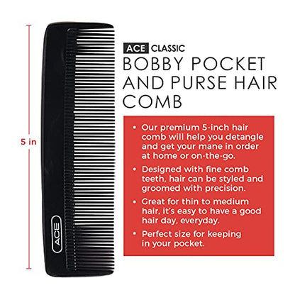 ACE 5" Fine Tooth Bobby & Pocket Purse Comb - Black