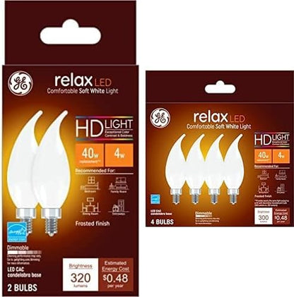 GE Lighting Relax HD CA11 LED Light Bulbs, Decorative Candle Bulbs, 40 Watt Replacement, Soft White, 2 Pack