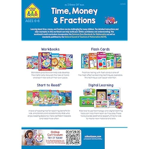School Zone Time, Money & Fractions Grades 1-2 Workbook