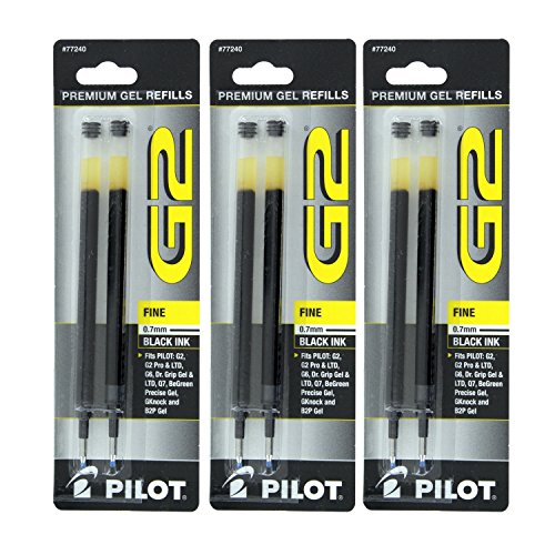 Pilot Gel Ink Refills, for G2, Dr. Grip, G6, Q7, Fine Point (0.7mm), Black, 2 Count