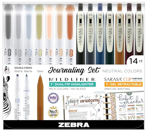 Zebra Sarasa Clip Vintage Gel Pens and Mildliner Highlighters Neutral Set, 14 pack