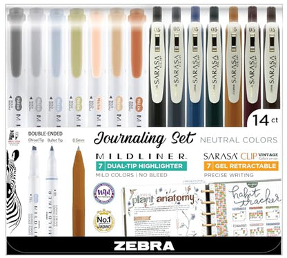 Zebra Sarasa Clip Vintage Gel Pens and Mildliner Highlighters Neutral Set, 14 pack