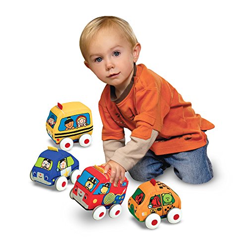 Melissa & Doug K's Kids' Soft Baby Pull-Back Vehicle Set with 4 Cars and Trucks