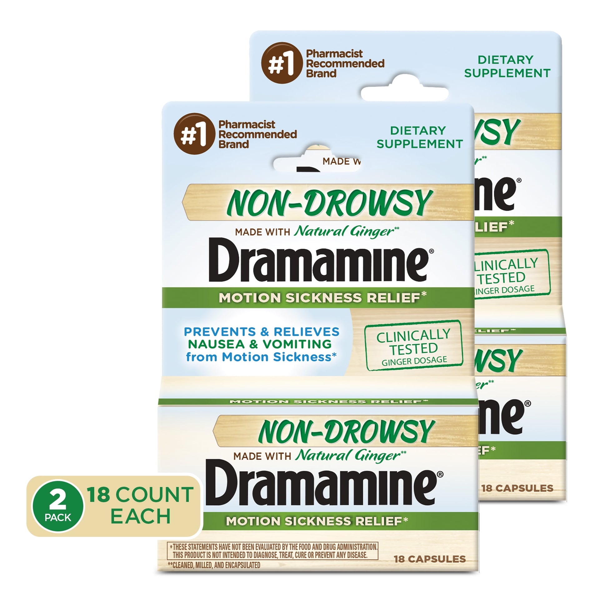 DRAMAMINE NON DROWSY NATURALS CAP 18CT