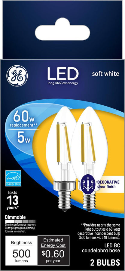 GE Lighting Classic LED 60 Watt Replacement, Soft White, CA11 Deco - Candle Bulbs, 2 Pack