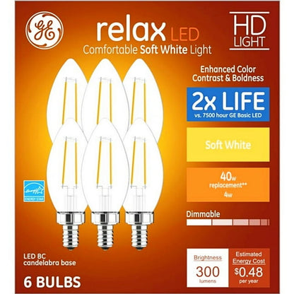 GE Lighting Relax Hd Decorative Led Light Bulbs, Candelabra Base, Soft White, 300 Lumens, 2 pack