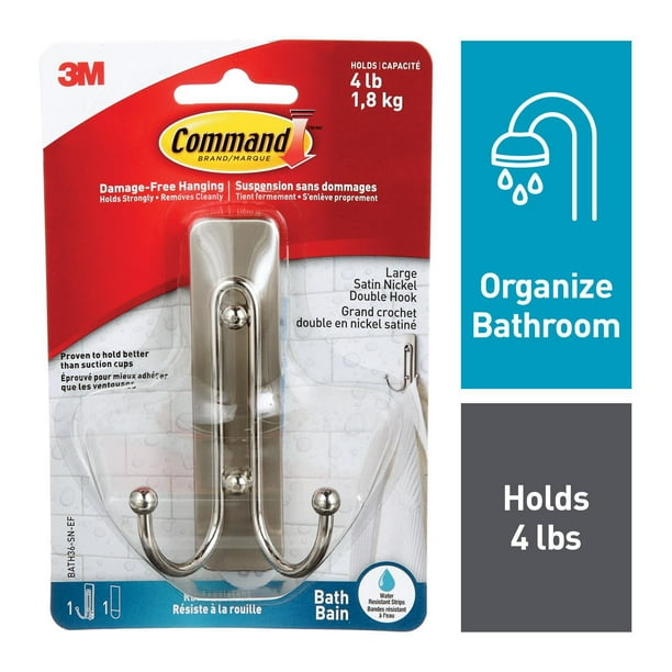 Command Large Double Bath Hook - Satin Nickel, 1 Hook + 1 Strip