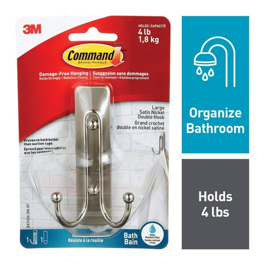 Command Large Double Bath Hook - Satin Nickel, 1 Hook + 1 Strip