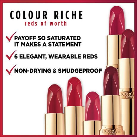 L'ORÉAL PARIS Colour Riche Reds of Worth Lipstick, Long Lasting Smudge Proof Lipstick, 185 Prosperous Red, 0.13 oz