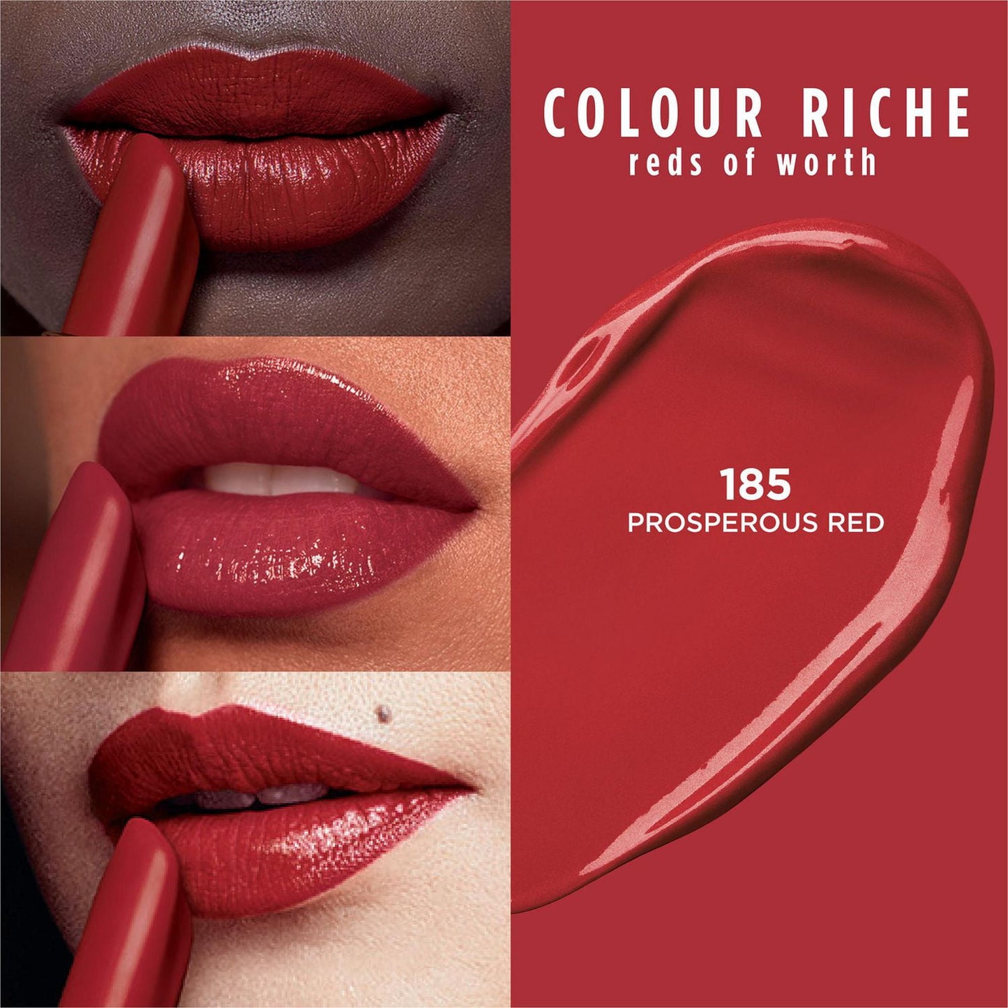 L'ORÉAL PARIS Colour Riche Reds of Worth Lipstick, Long Lasting Smudge Proof Lipstick, 185 Prosperous Red, 0.13 oz