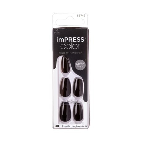 KISS imPRESS Color Press-On Fake Nails, Coffin Shaped - All Black
