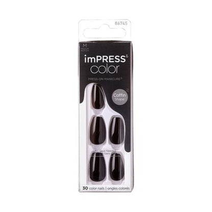 KISS imPRESS Color Press-On Fake Nails, Coffin Shaped - All Black