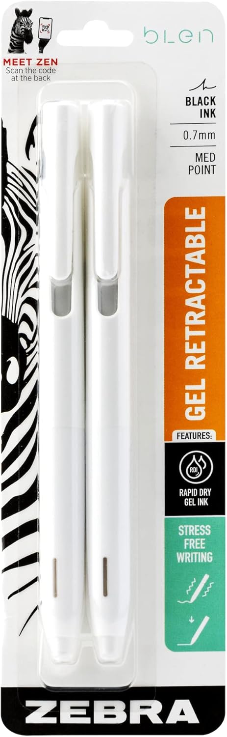 Zebra Blen Retractable Gel Pen 0.7mm Black Ink White Barrel, 2-pack