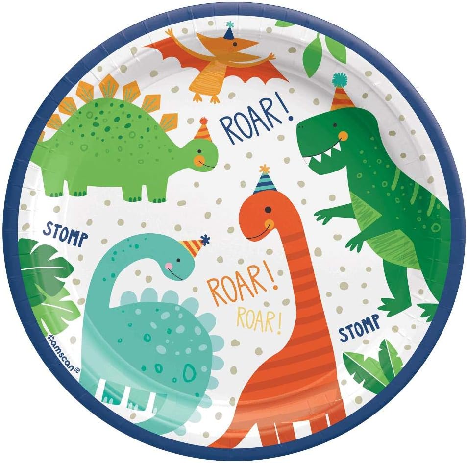 Unique Patterned Round 7" Paper Plates - Dinosaurs, 8 count