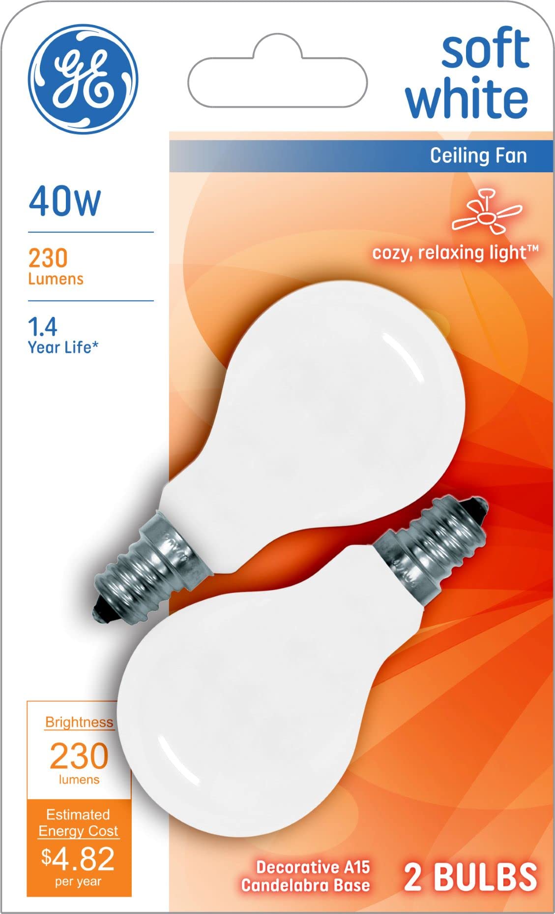 GE Lighting Decorative A15 Incandescent Ceiling Fan Light Bulb, 40-Watts, Crystal Clear, 2 Pack