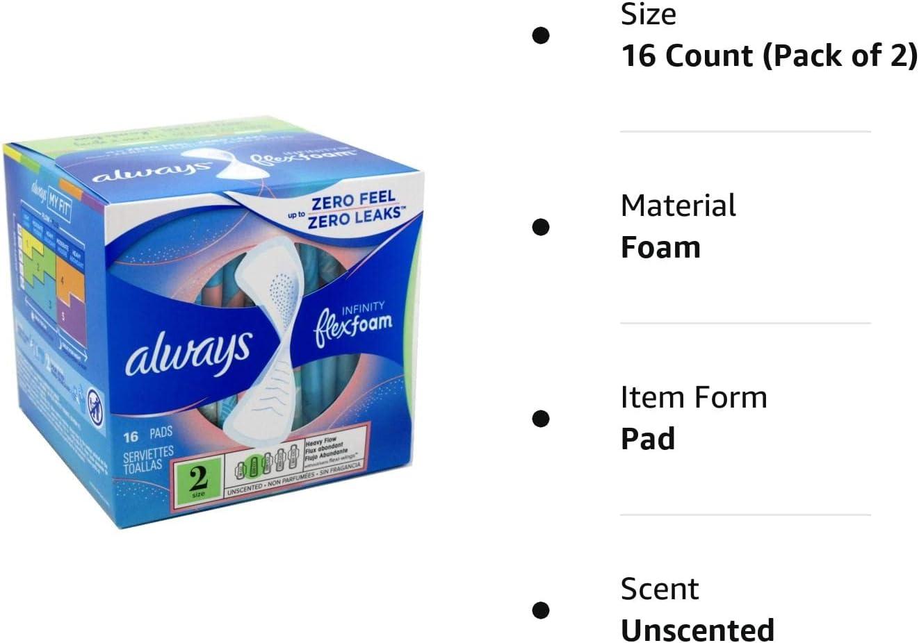 Always Pads Size 2 Infinity Flex Foam 16 Count Heavy Flow
