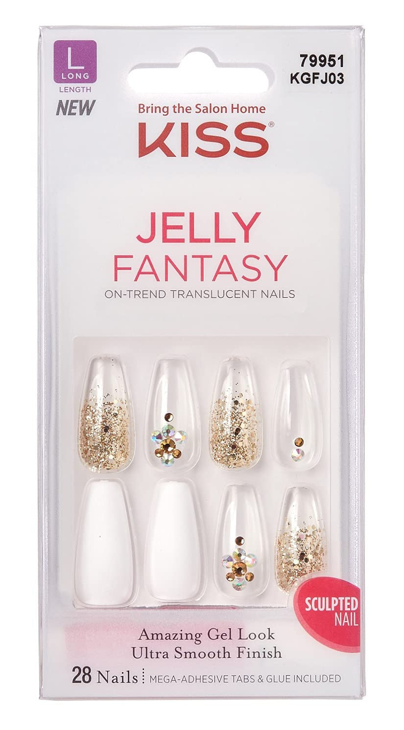 Kiss Jelly Fantasy 28 Count White/Gold Glitter Long Length