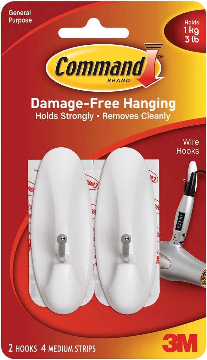 Command Medium Utility Wall Hook - White, 2 Hooks + 4 Strips